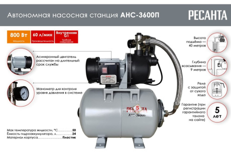 Купить Автономная насосная станция РЕСАНТА АНС-3600П 77/1/1 фото №2