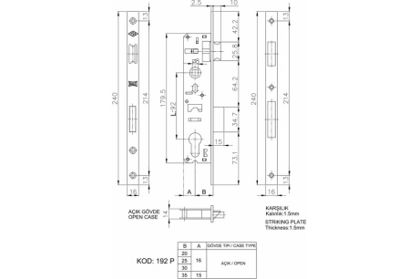 Купить Врезной цилиндровый узкопрофильный замок KALE KILIT 192Р  92BS25  16CP  SP  Ros  STB 192P2500001 фото №2